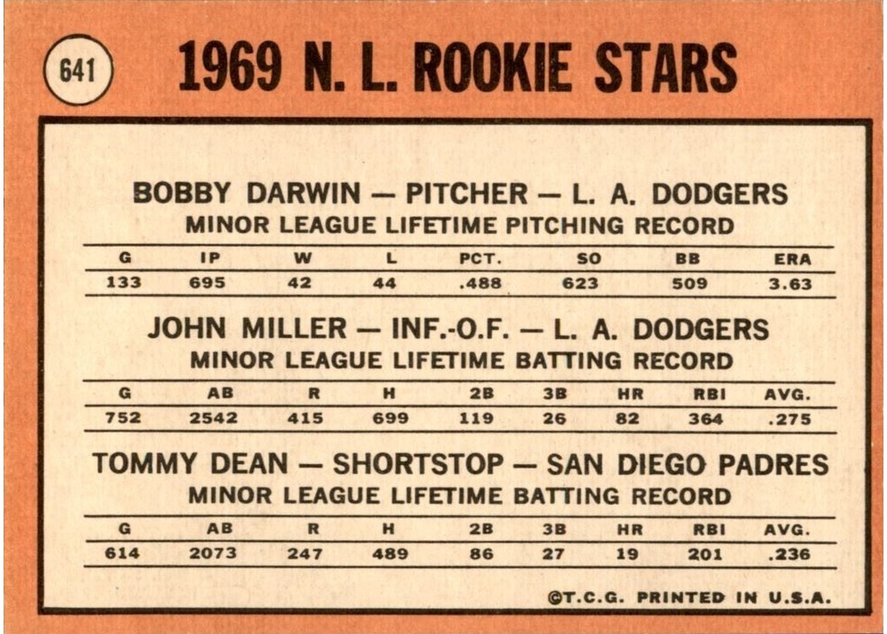 1969 Topps #641 National League 1969 Rookie Stars card back