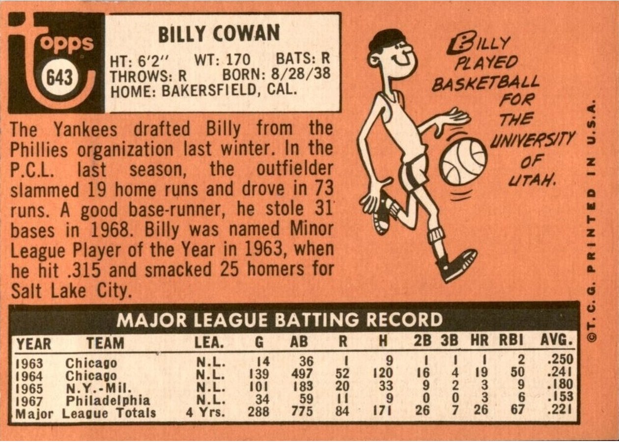 1969 Topps #643 Billy Cowan card back