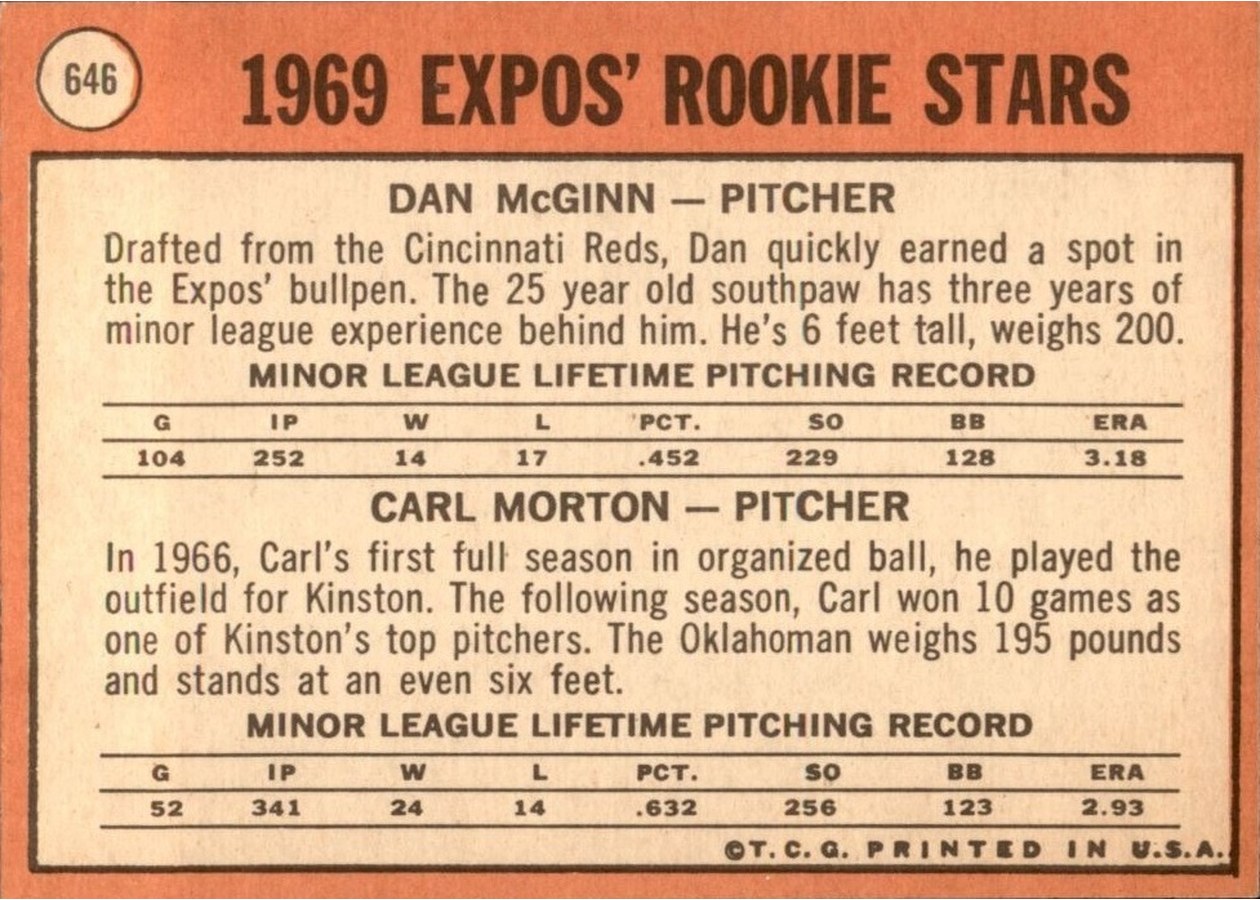 1969 Topps #646 Expos 1969 Rookie Stars card back