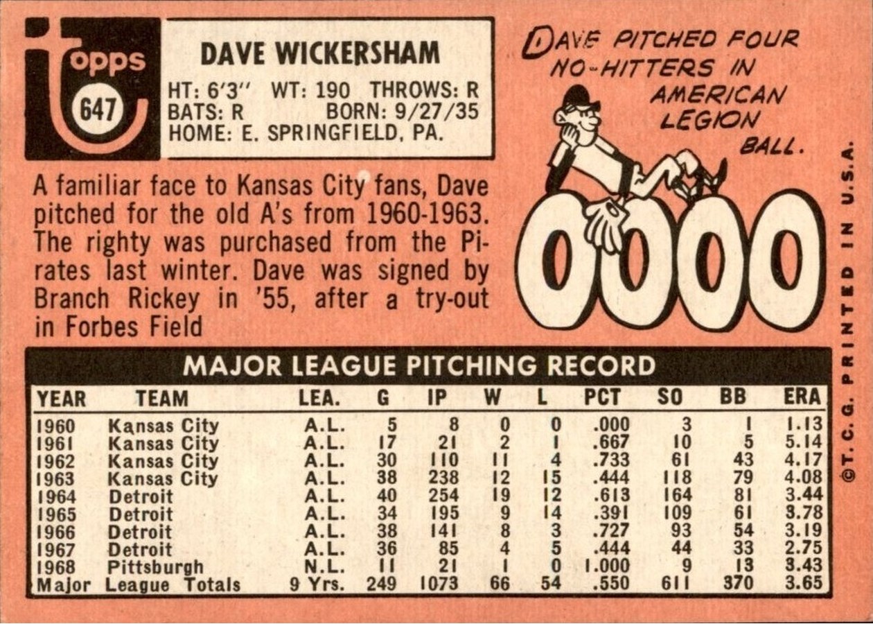 1969 Topps #647 Dave Wickersham card back
