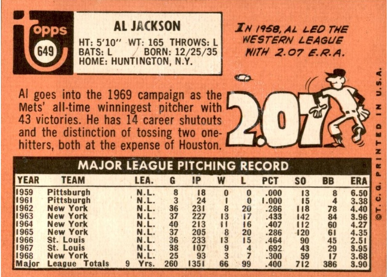 1969 Topps #649 Al Jackson card back