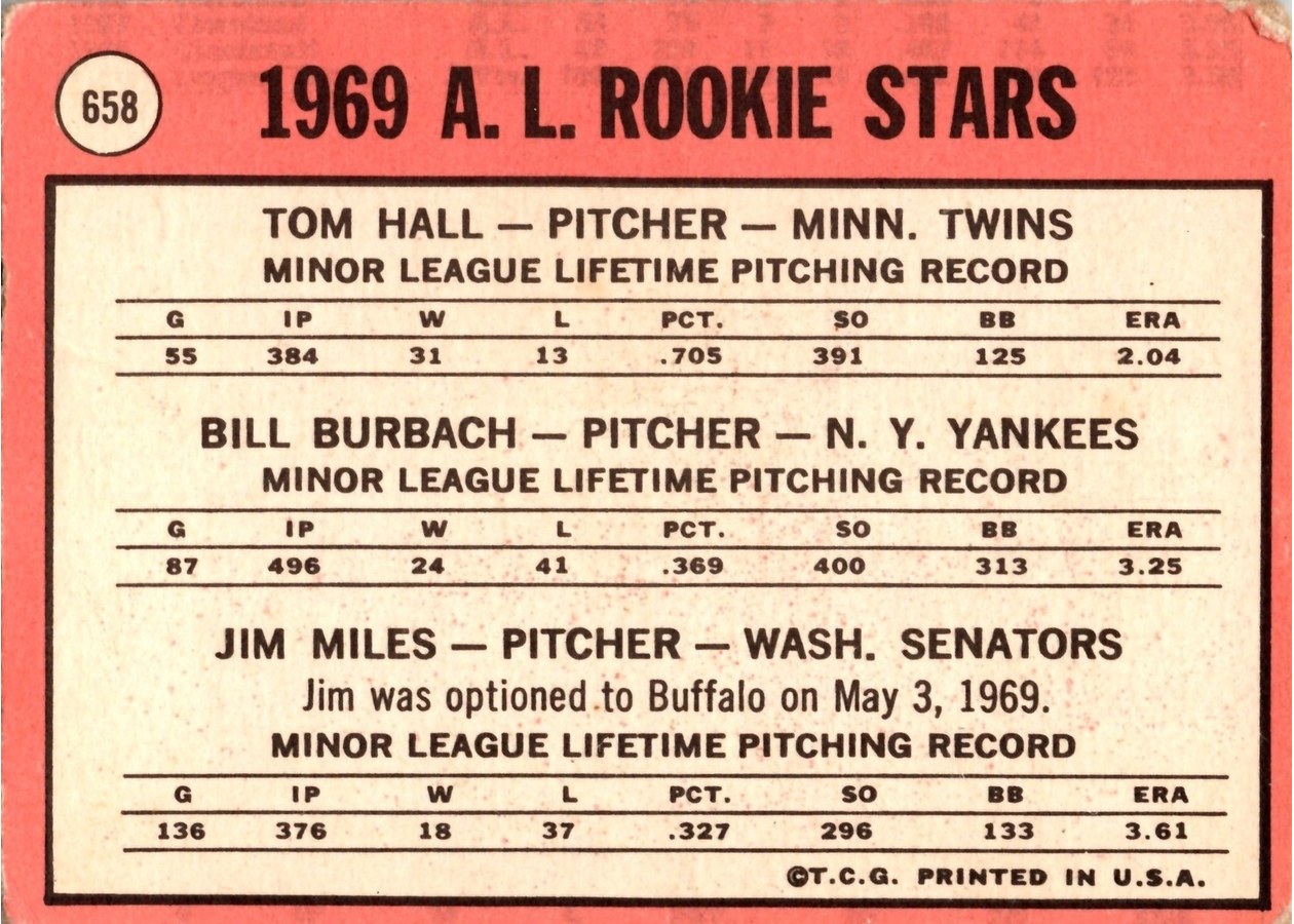 1969 Topps #658 American League 1969 Rookie Stars card back