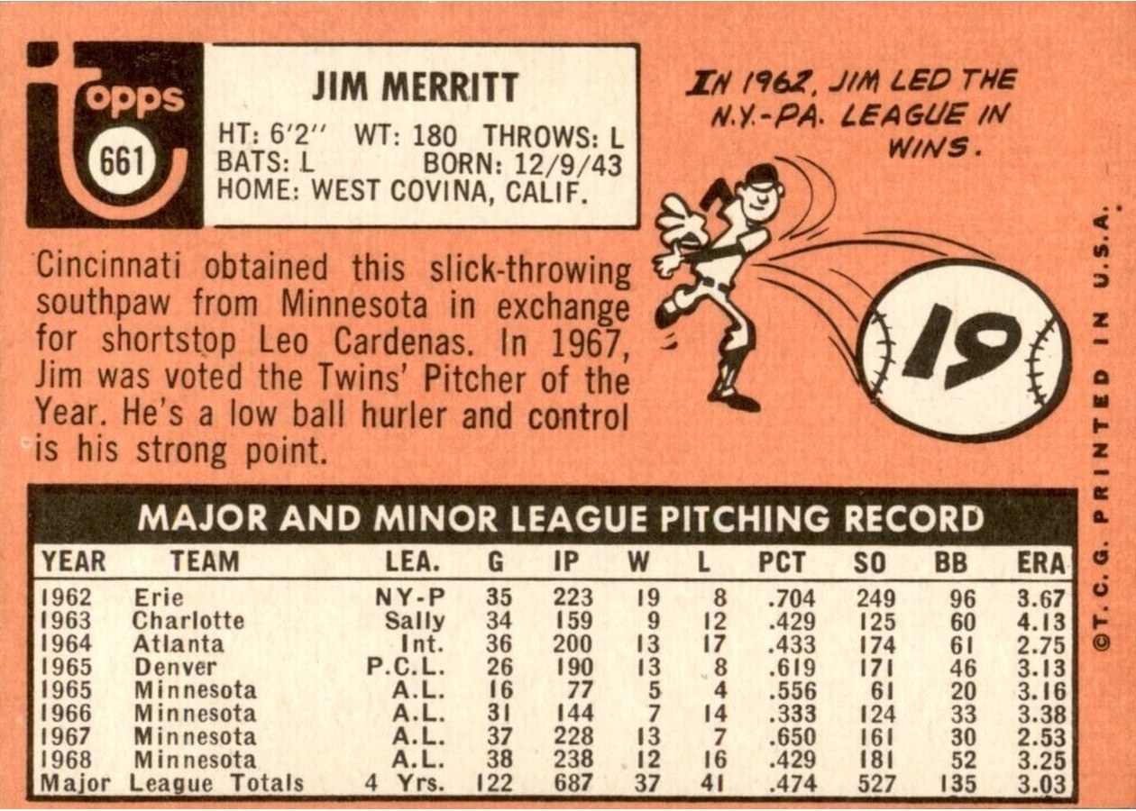 1969 Topps #661 Jim Merritt card back