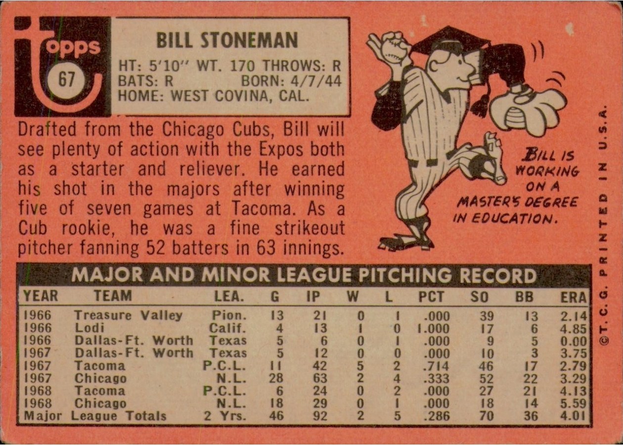 1969 Topps #67 Bill Stoneman card back