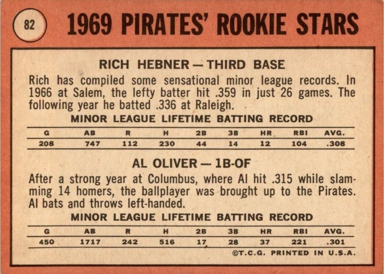 1969 Topps #82 Pirates 1969 Rookie Stars card back