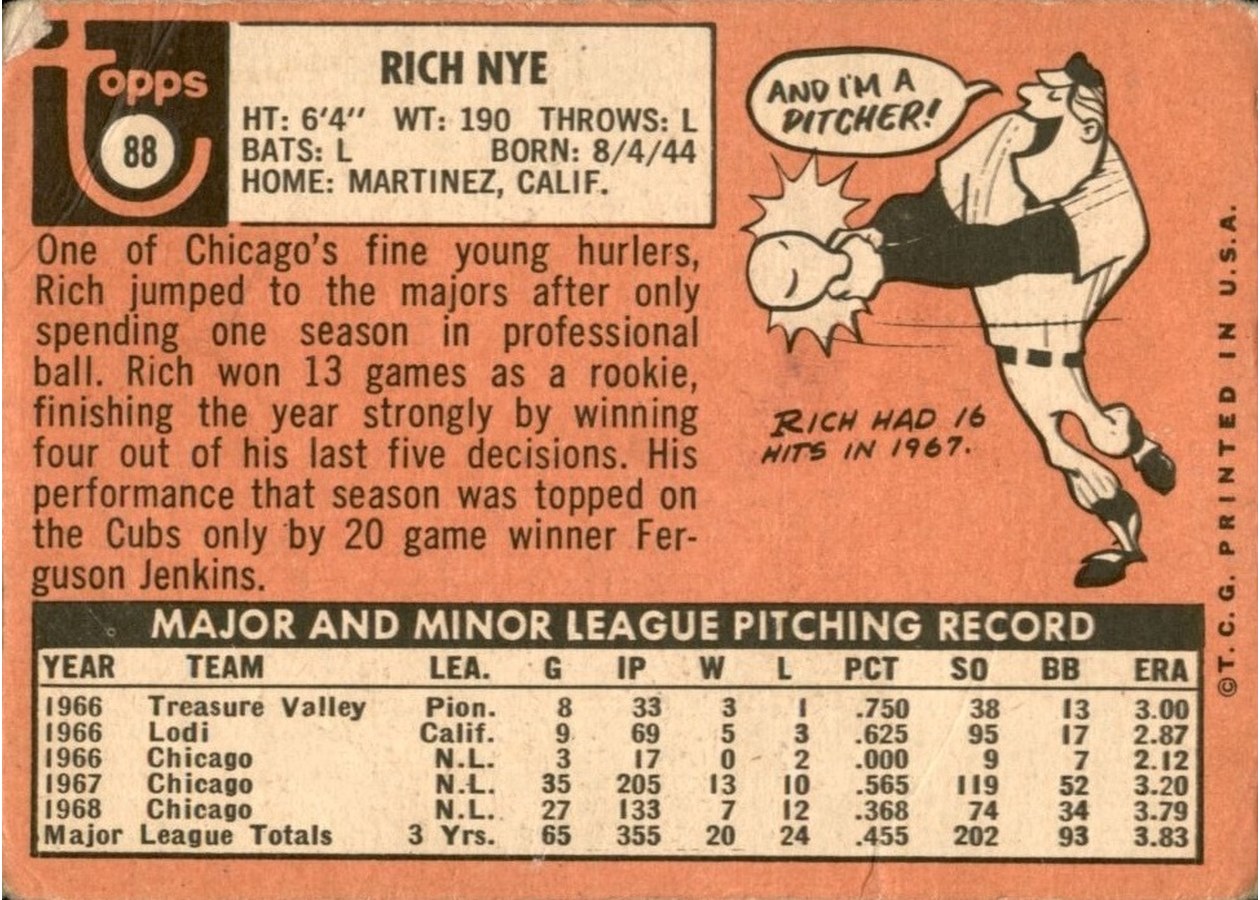1969 Topps #88 Rich Nye card back