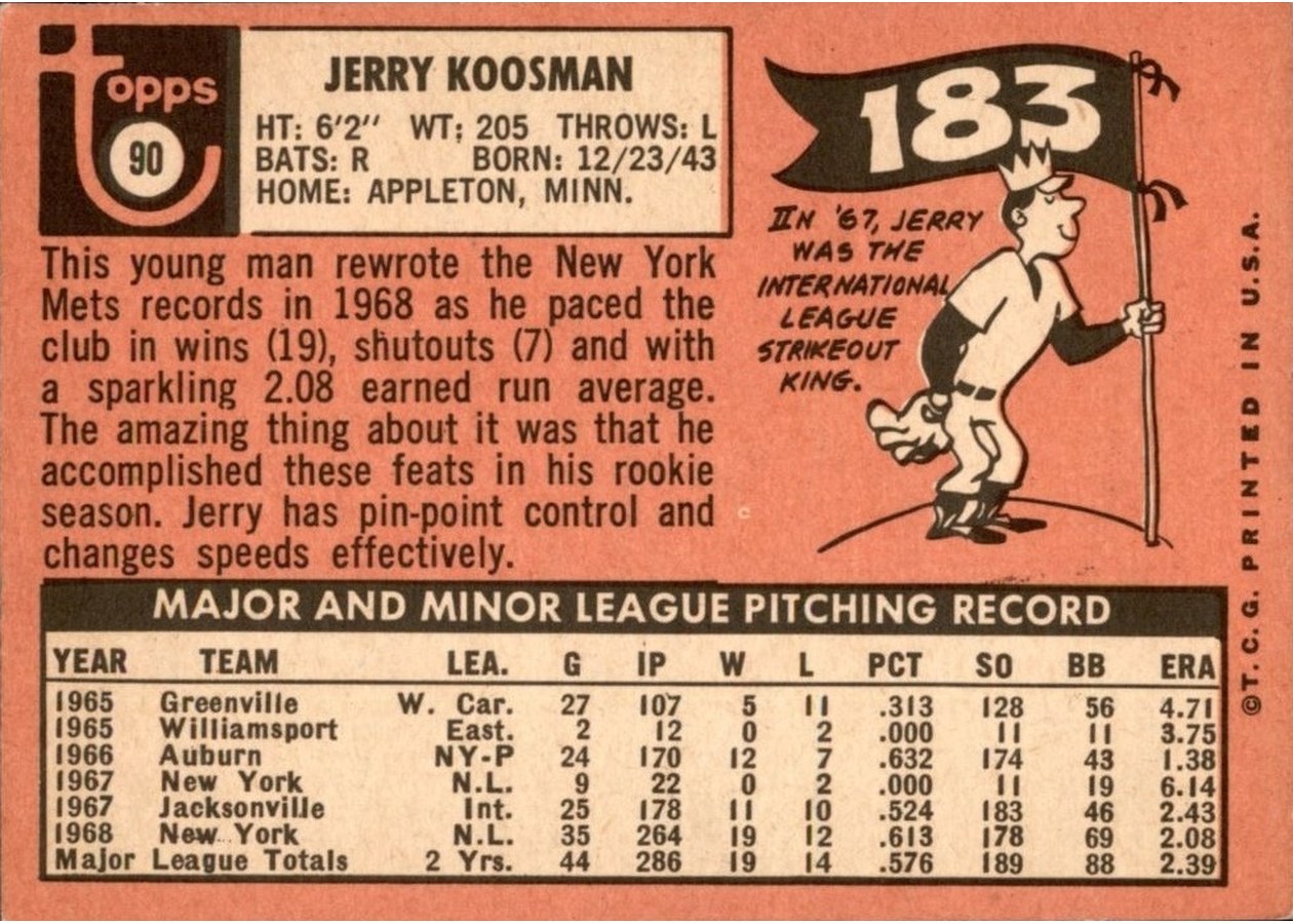 1969 Topps #90 Jerry Koosman card back