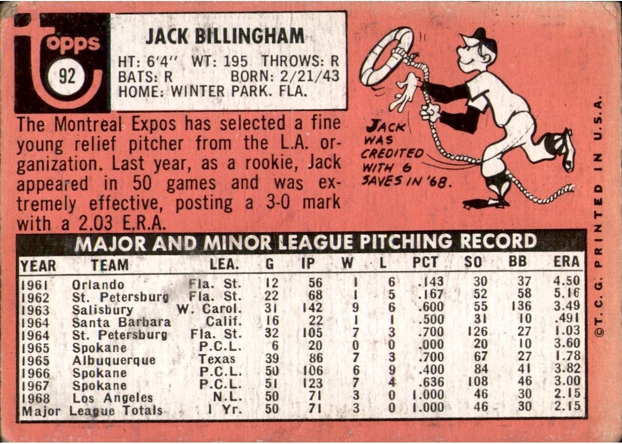 1969 Topps #92 Jack Billingham card back