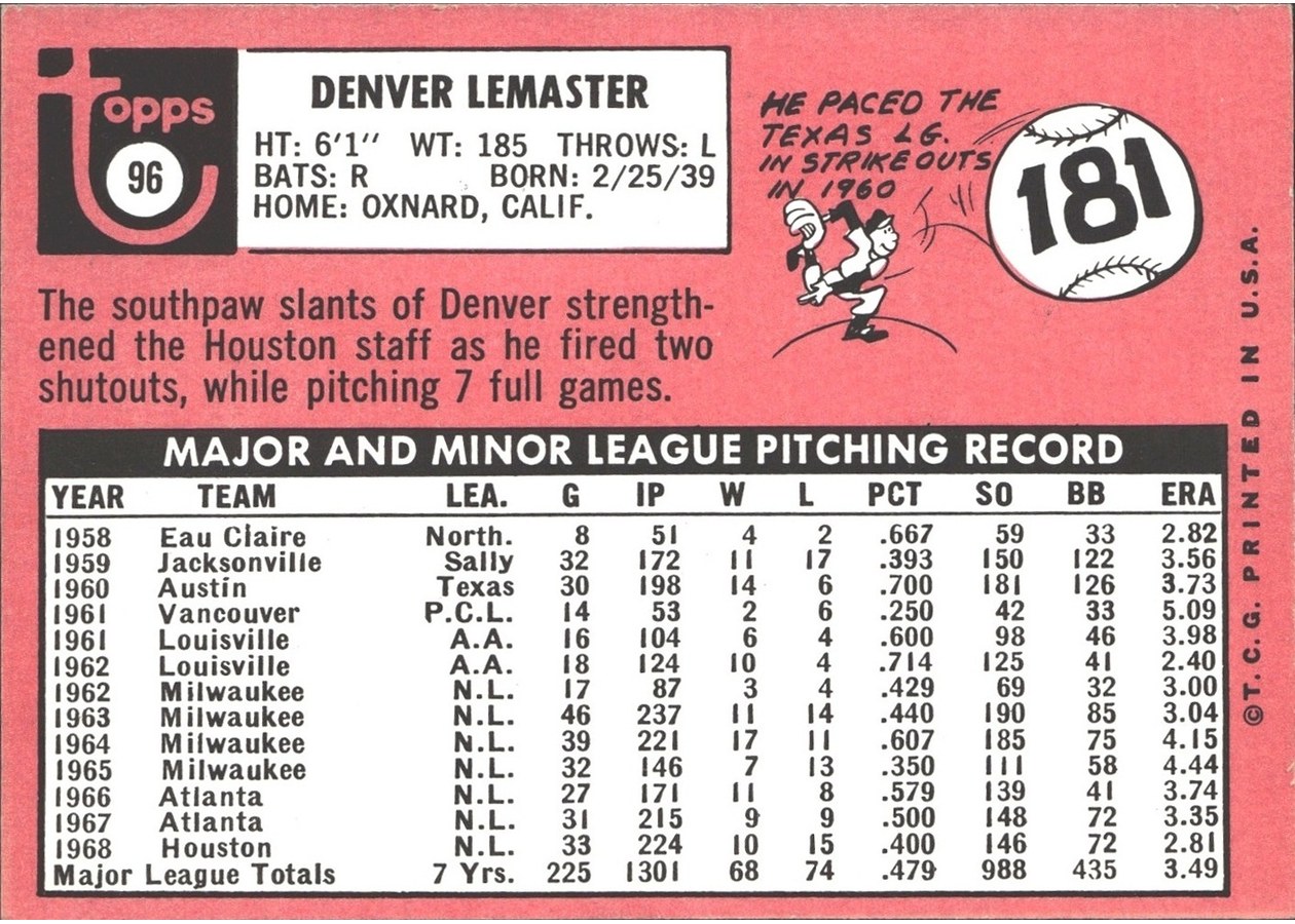 1969 Topps #96 Denver Lemaster card back