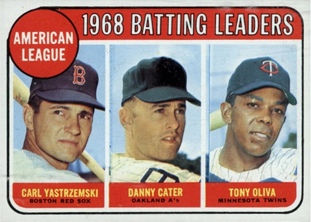 1969 Topps #1 American League 1968 Batting Leaders, Boston Red Sox / Oakland Athletics / Minnesota Twins