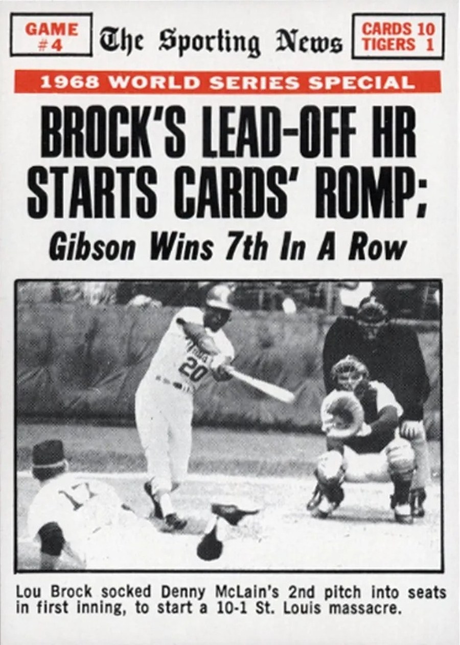 1969 Topps #165 World Series Game #4 - Brock's Lead-Off HR Starts Cards' Romp, St. Louis Cardinals