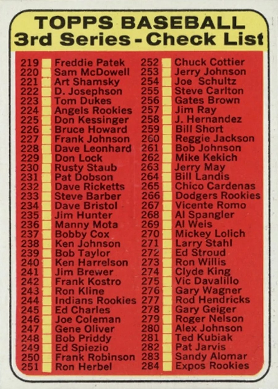 1969 Topps #214 3rd Series Check List: 219-327