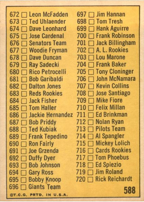1970 Topps #588 Checklist: 634-720 - 588b - 666 is Adolpho Phillips (back)