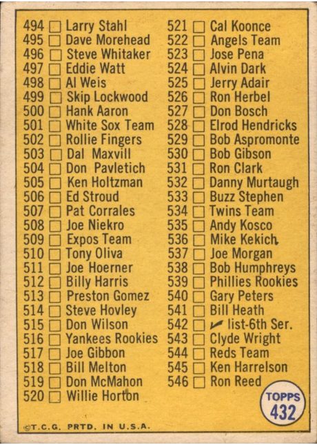 1970 Topps #432 Checklist: 460-546 - 432b - Baseball in White (back)