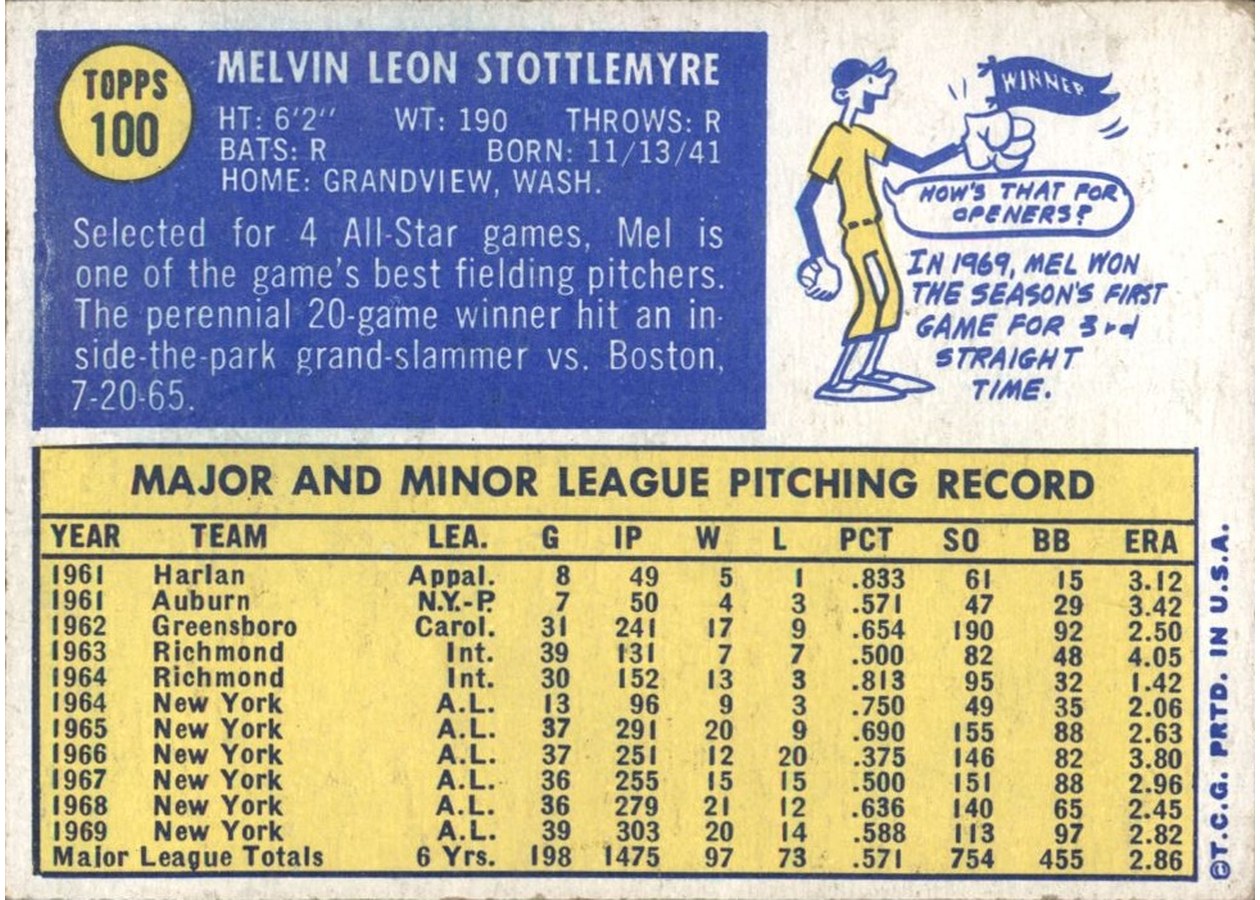 1970 Topps #100 Mel Stottlemyre card back