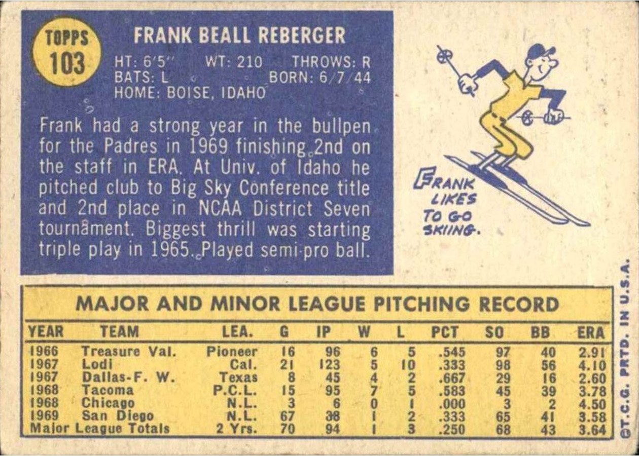 1970 Topps #103 Frank Reberger card back