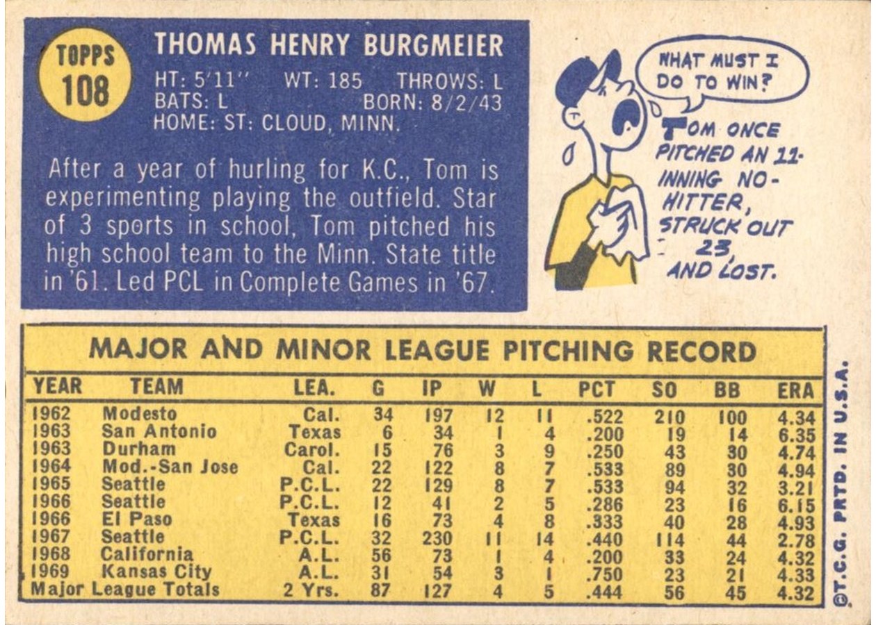 1970 Topps #108 Tom Burgmeier card back