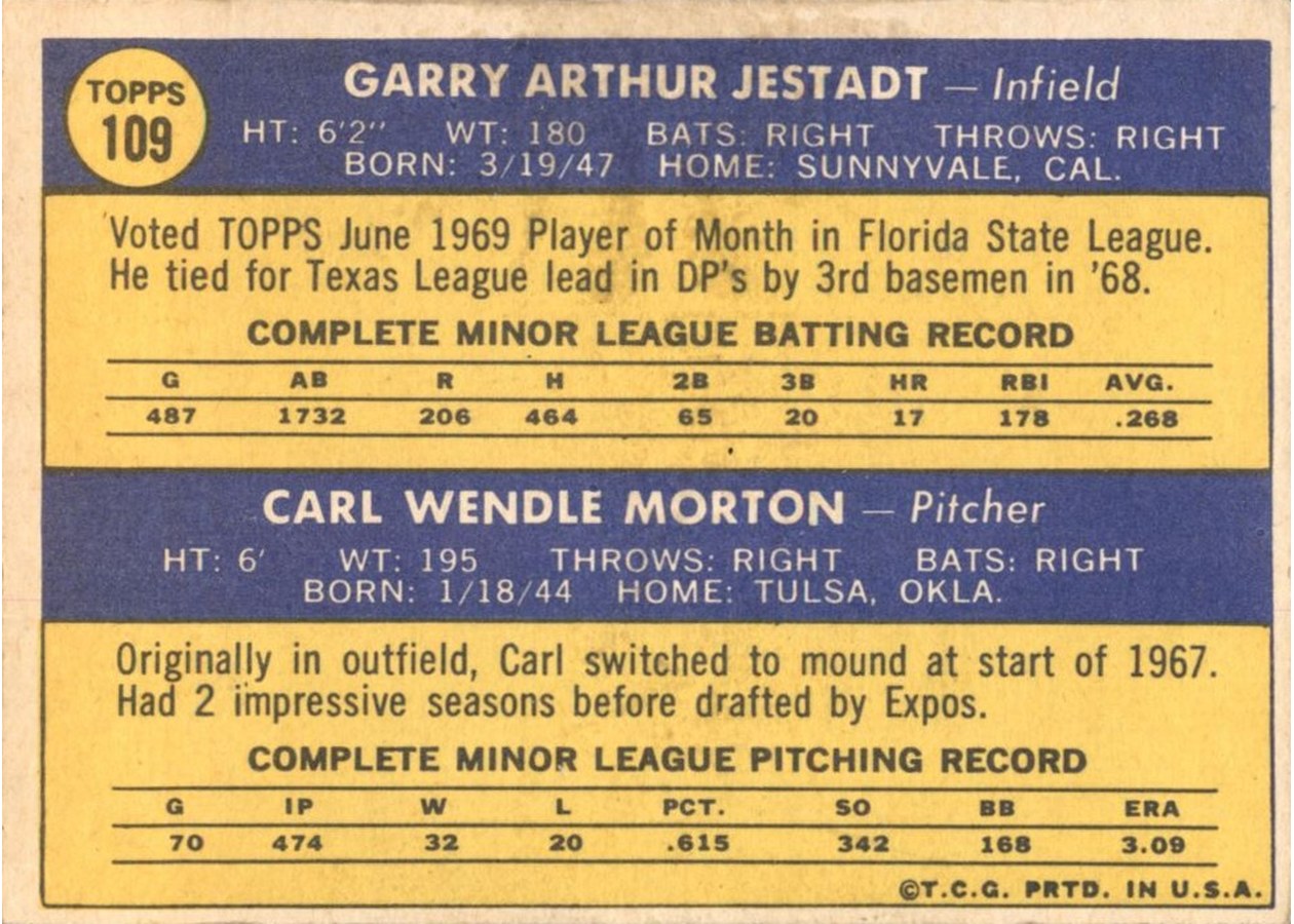 1970 Topps #109 Expos 1970 Rookie Stars card back