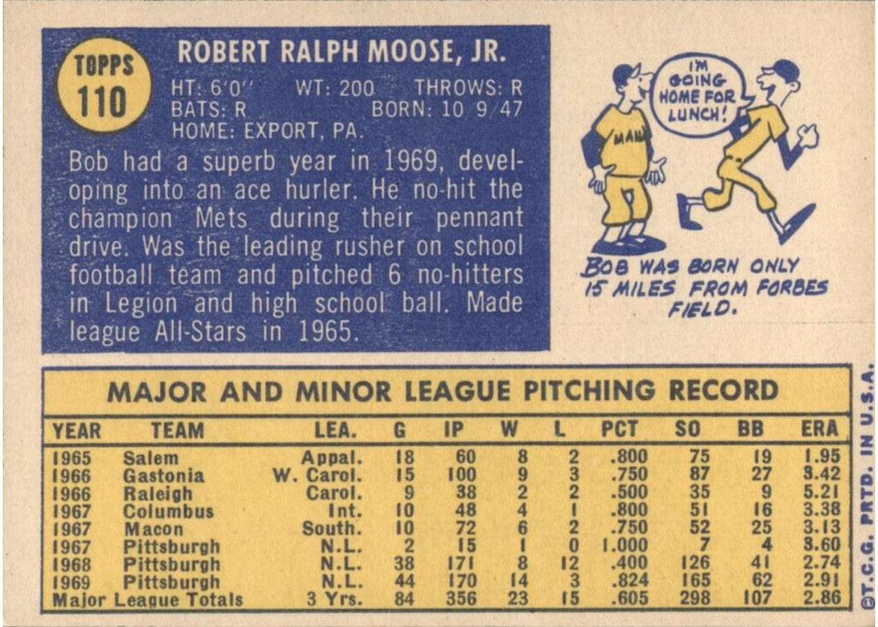 1970 Topps #110 Bob Moose card back