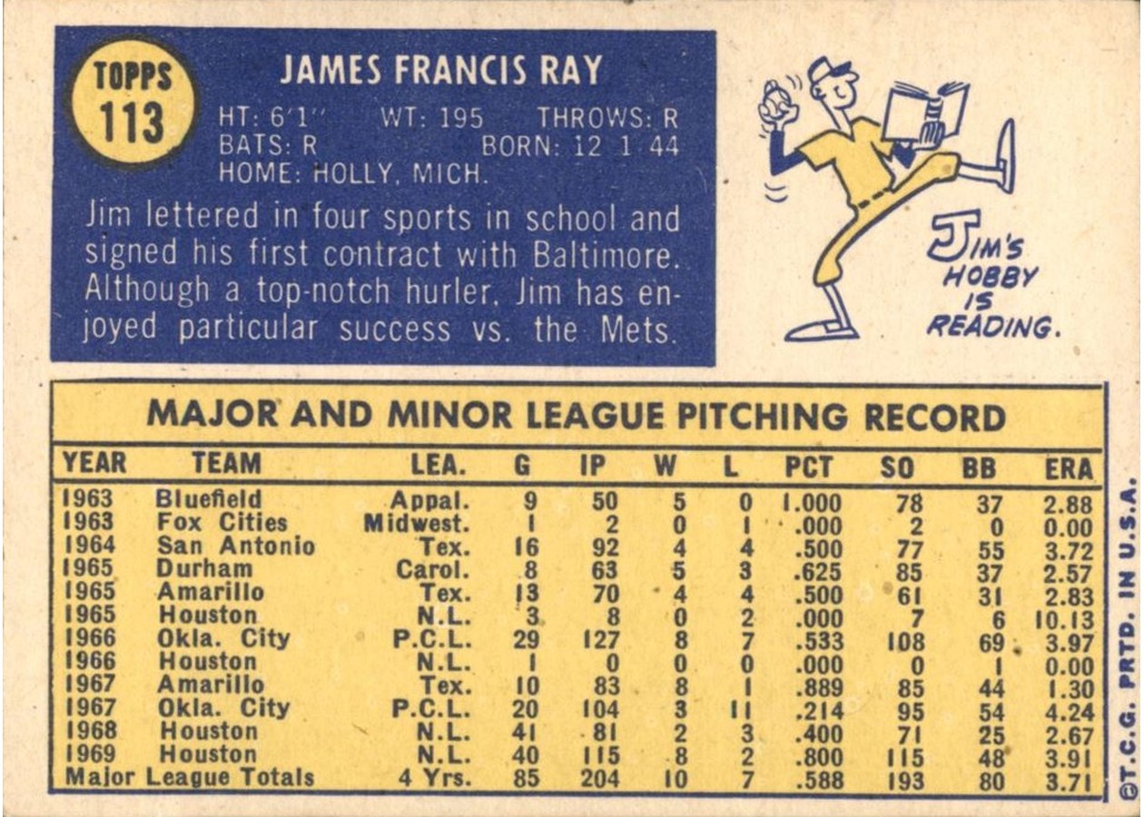 1970 Topps #113 Jim Ray card back