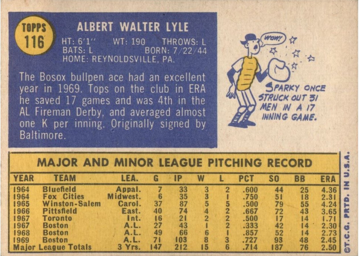 1970 Topps #116 Sparky Lyle card back