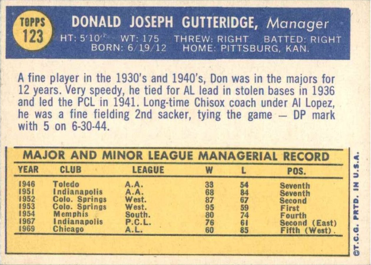 1970 Topps #123 Don Gutteridge card back