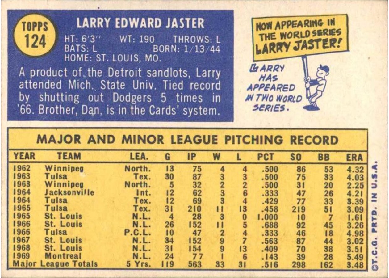 1970 Topps #124 Larry Jaster card back