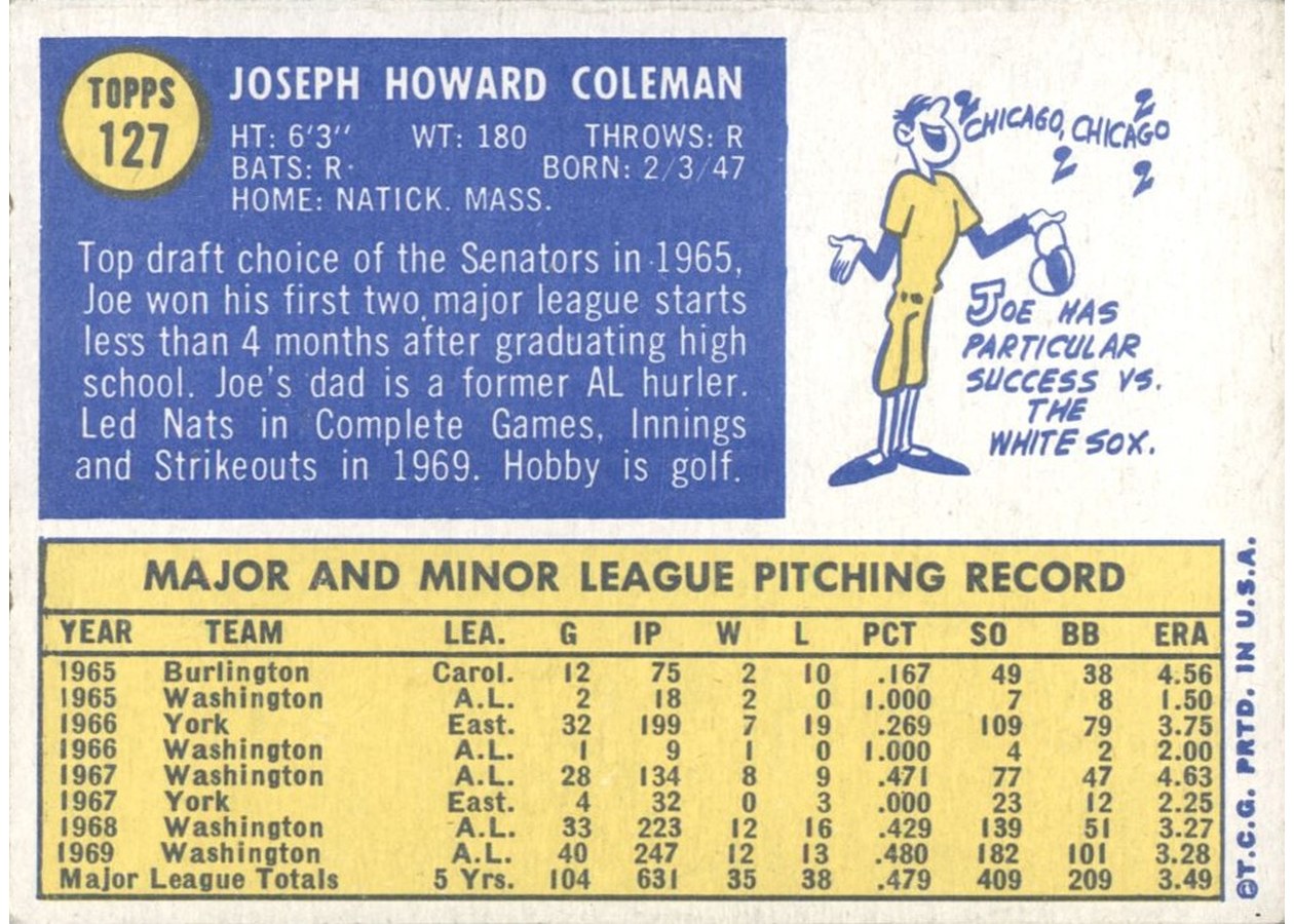 1970 Topps #127 Joe Coleman card back