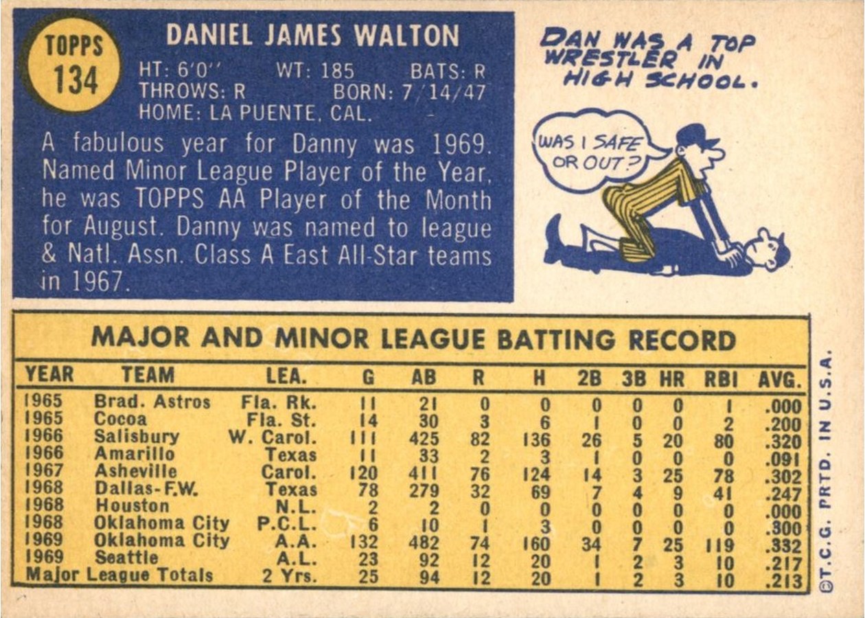 1970 Topps #134 Danny Walton card back