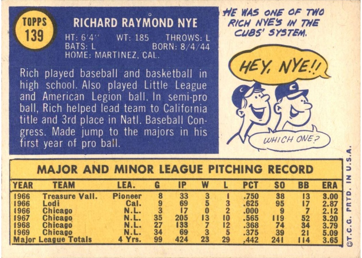 1970 Topps #139 Rich Nye card back