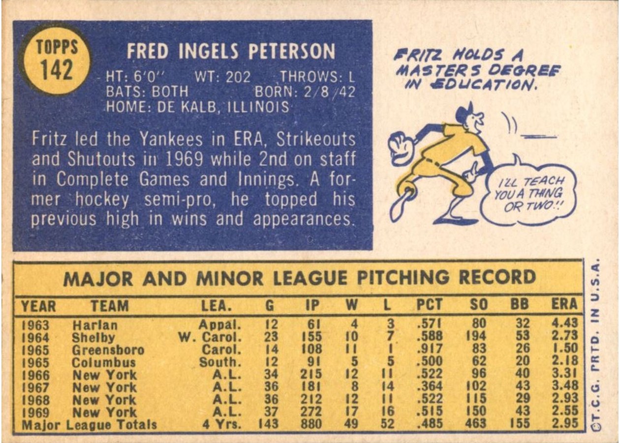 1970 Topps #142 Fritz Peterson card back