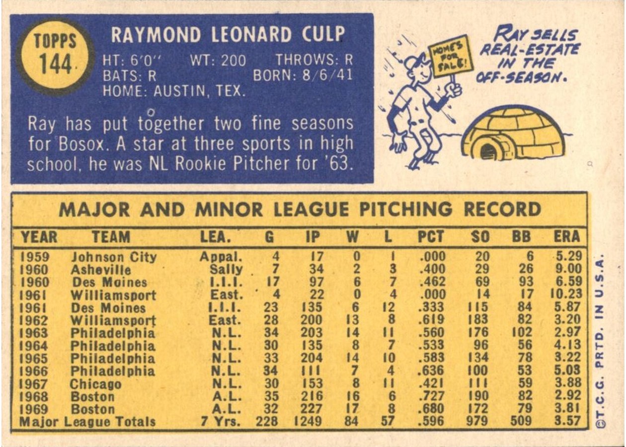 1970 Topps #144 Ray Culp card back