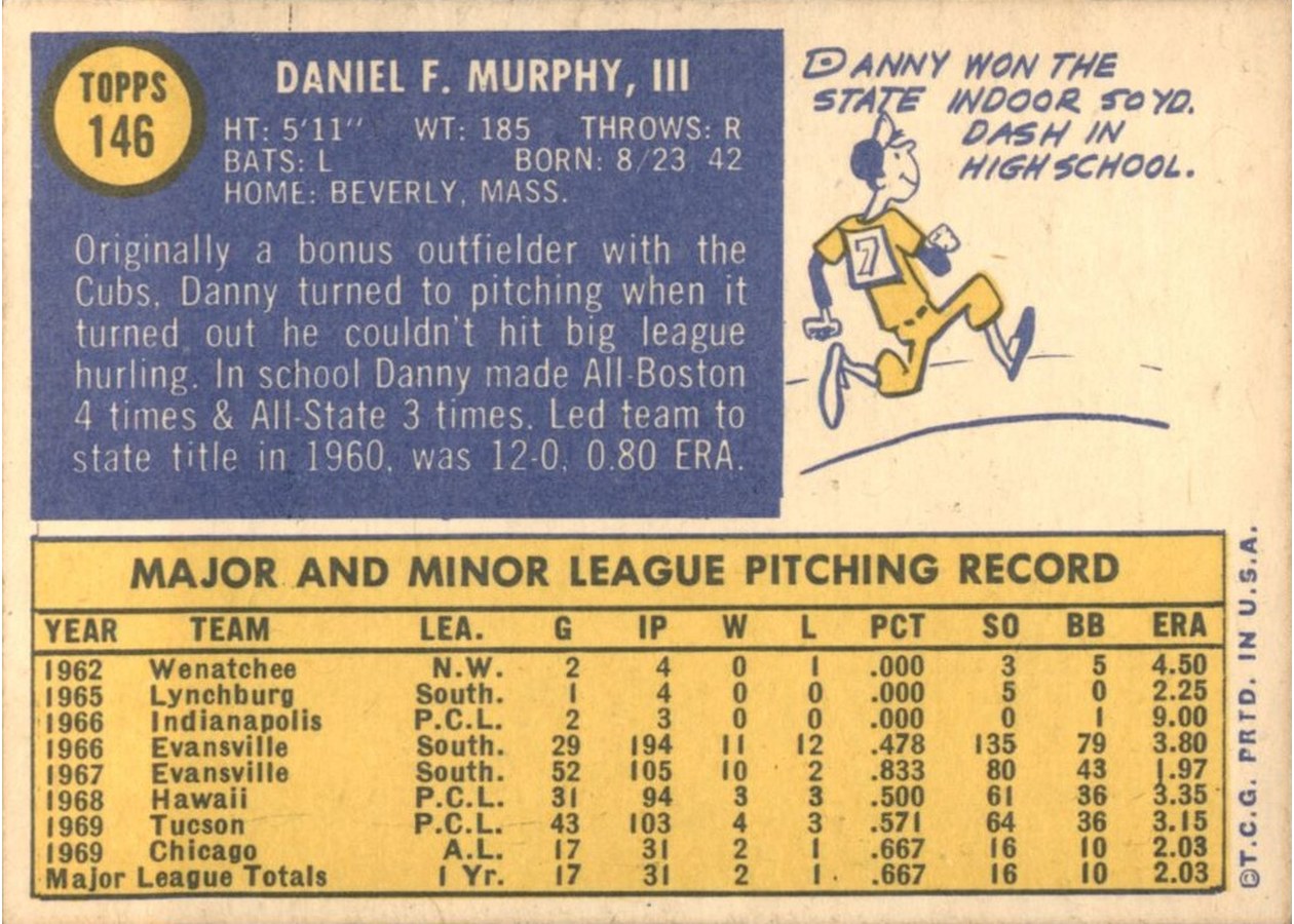 1970 Topps #146 Danny Murphy card back