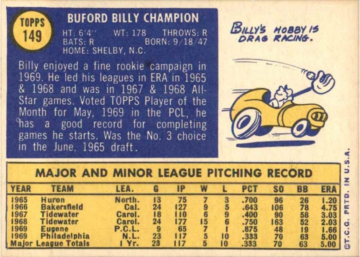 1970 Topps #149 Billy Champion card back