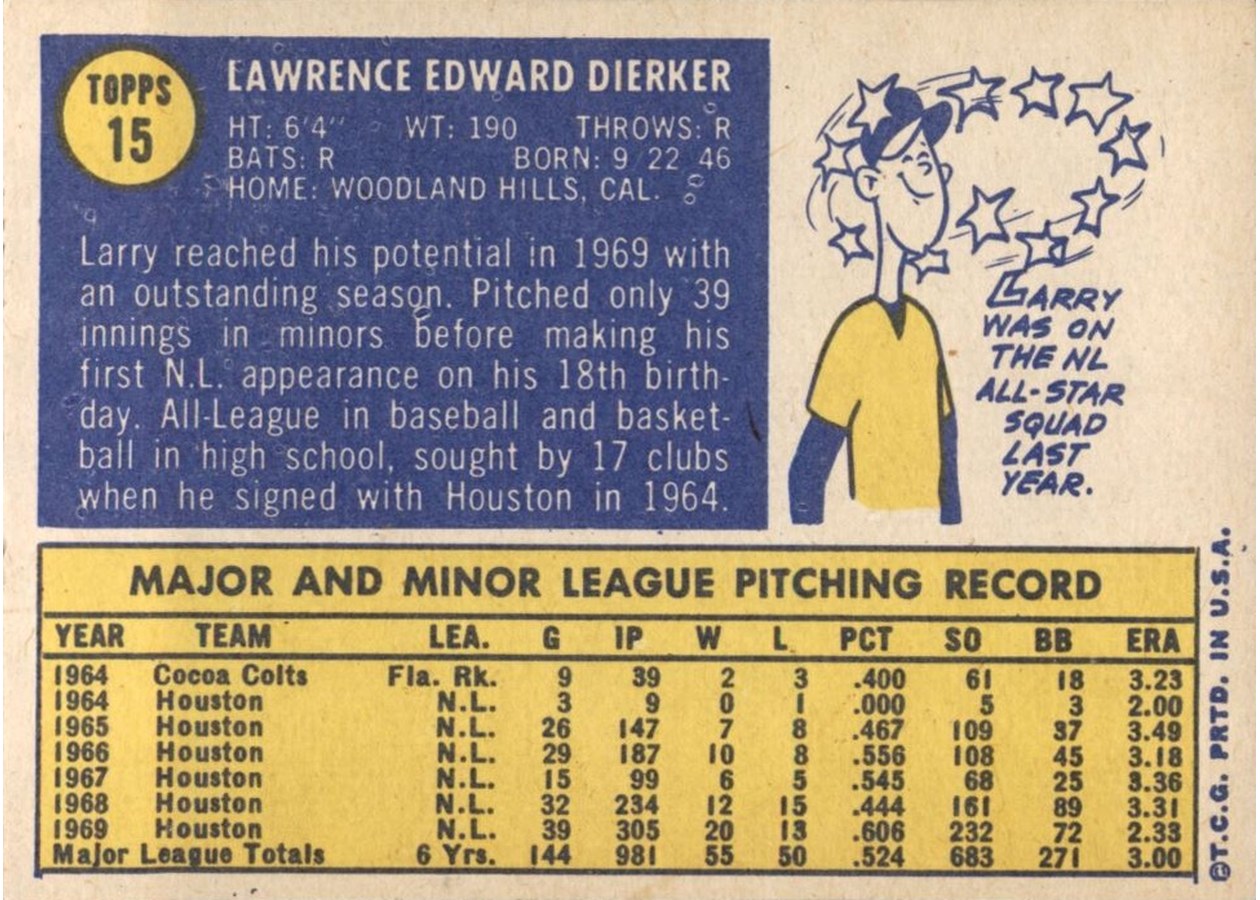 1970 Topps #15 Larry Dierker card back