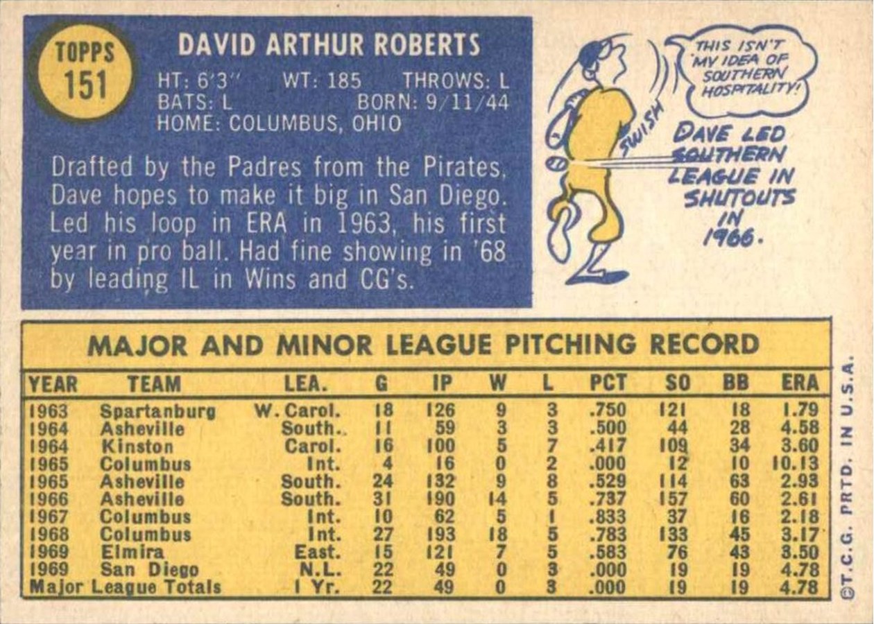 1970 Topps #151 Dave Roberts card back