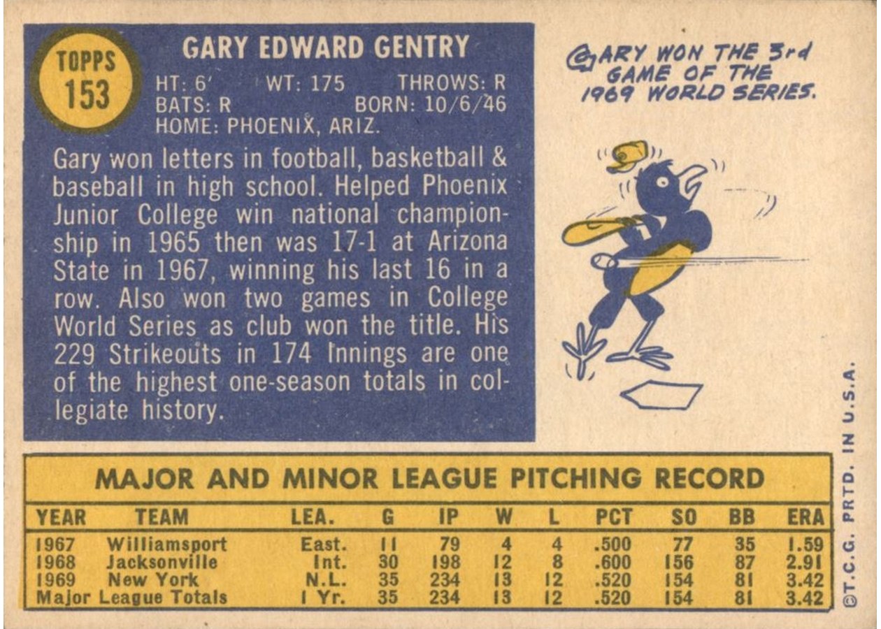 1970 Topps #153 Gary Gentry card back