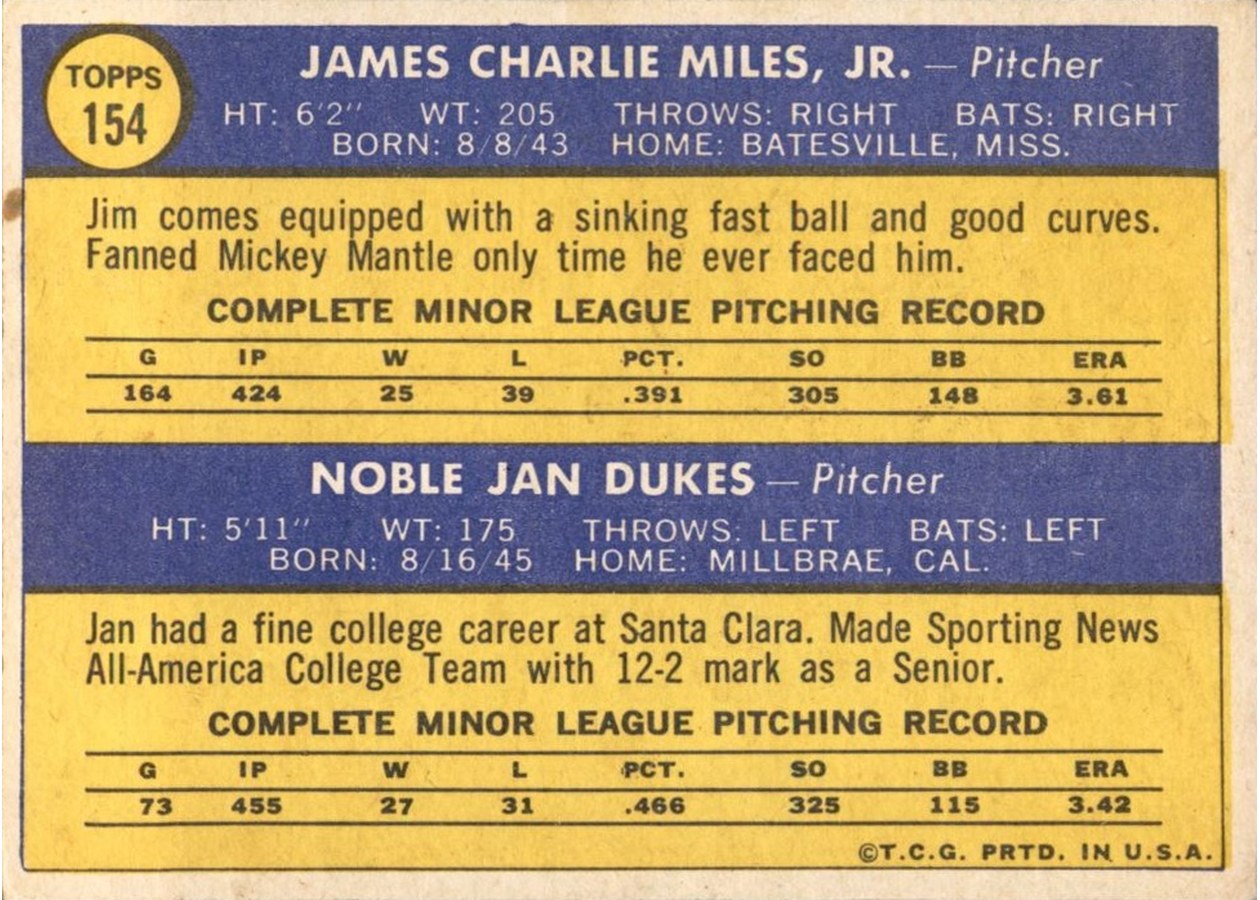 1970 Topps #154 Senators 1970 Rookie Stars card back