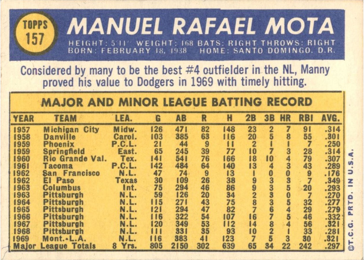 1970 Topps #157 Manny Mota card back