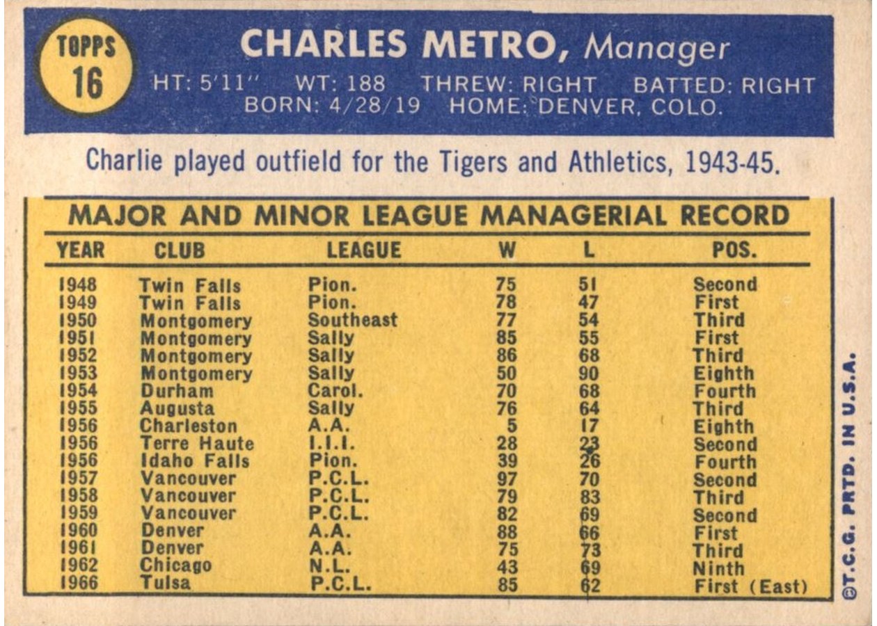 1970 Topps #16 Charlie Metro card back