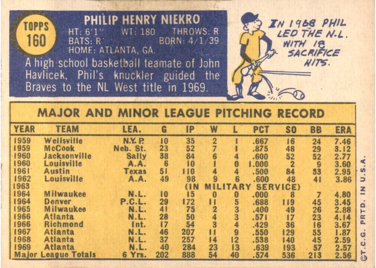 1970 Topps #160 Phil Niekro card back