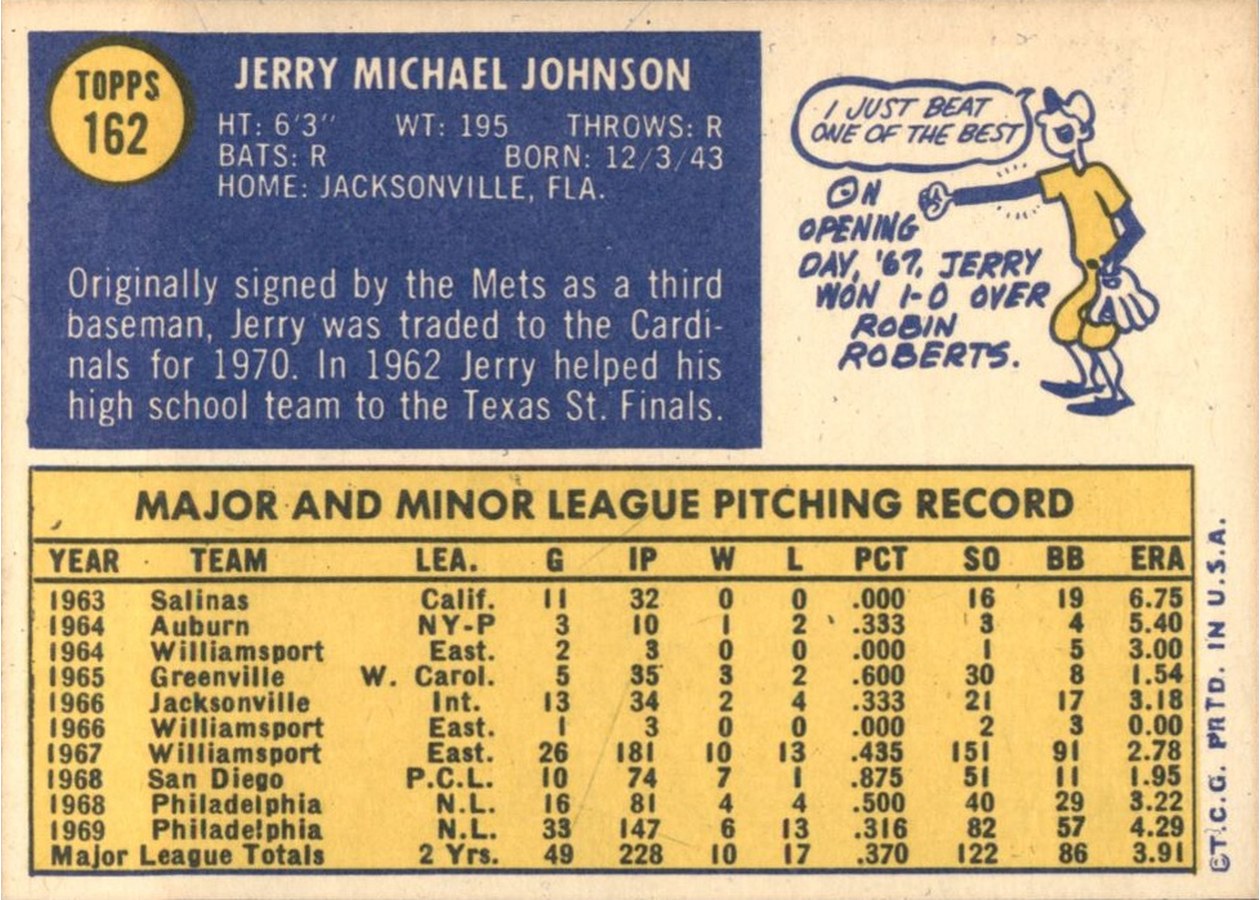 1970 Topps #162 Jerry Johnson card back