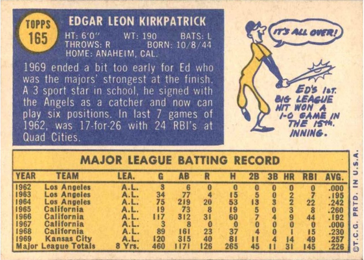 1970 Topps #165 Ed Kirkpatrick card back