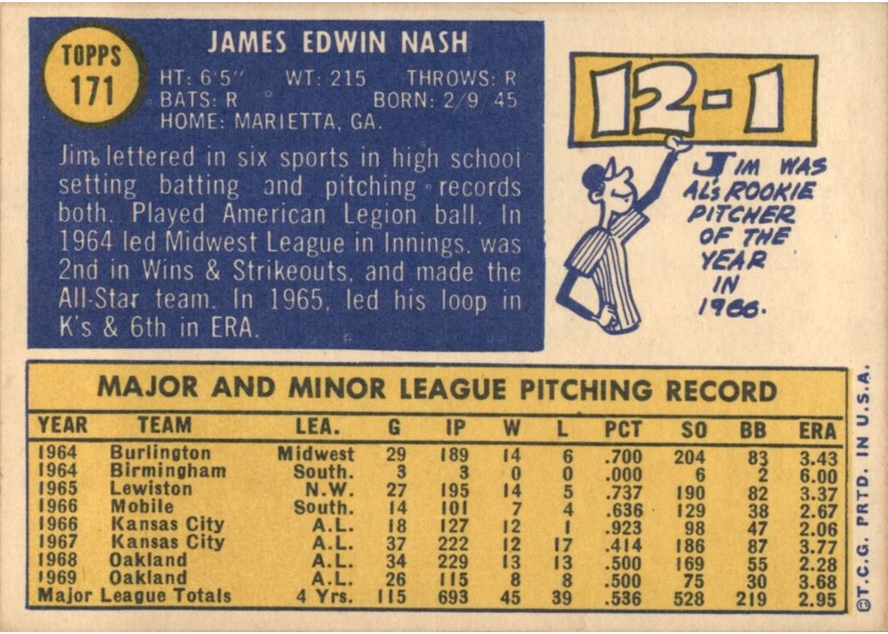 1970 Topps #171 Jim Nash card back