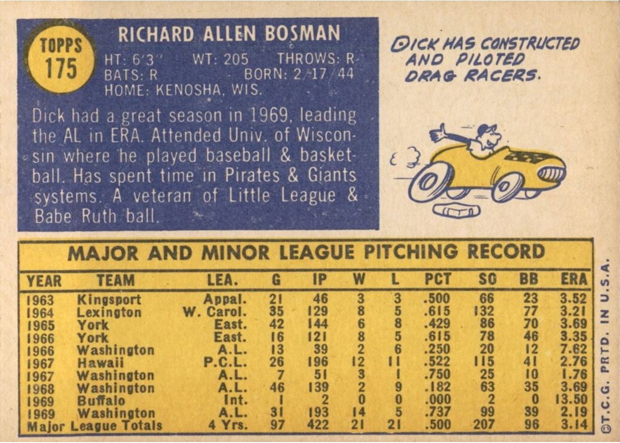 1970 Topps #175 Dick Bosman card back