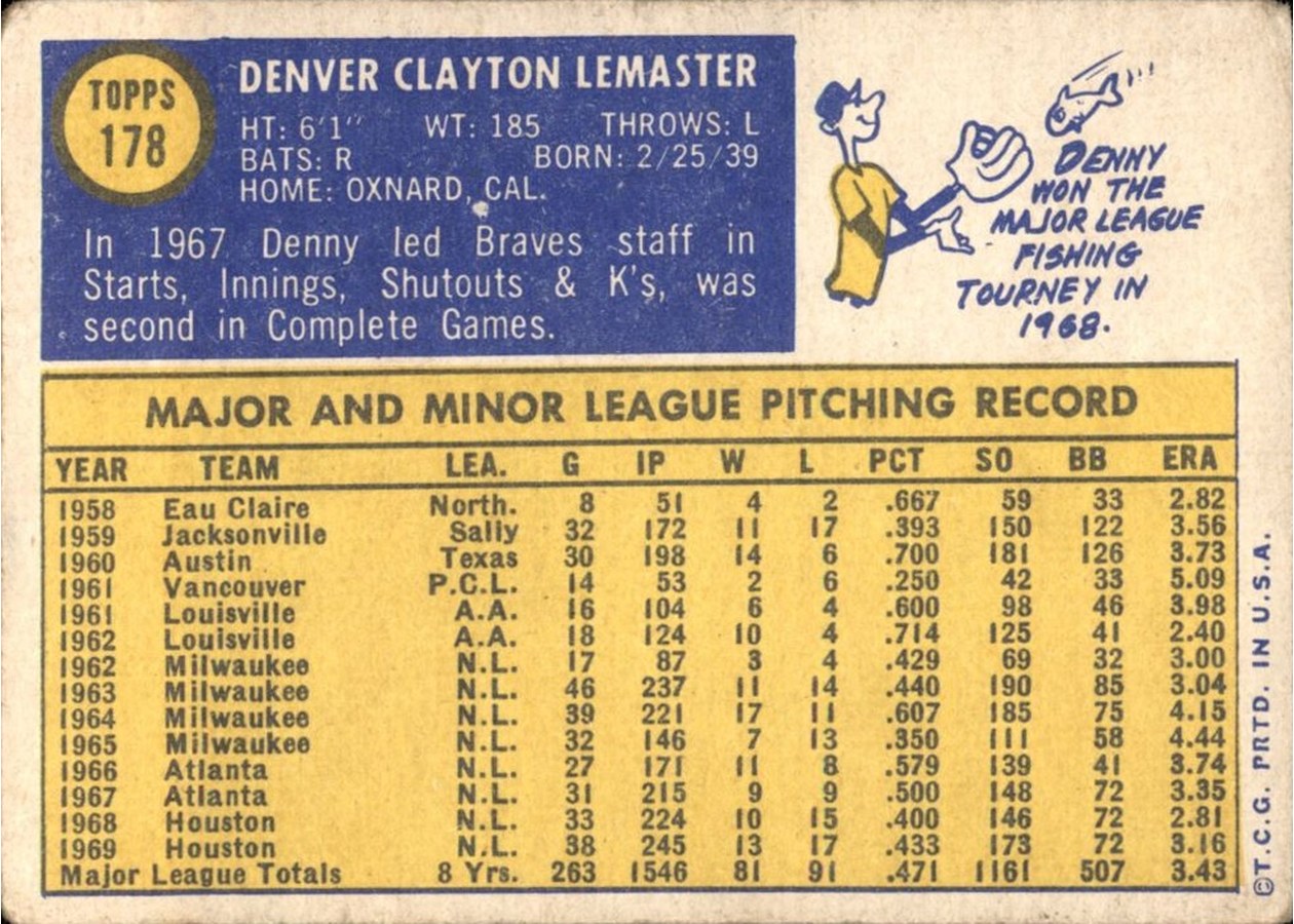 1970 Topps #178 Denny Lemaster card back