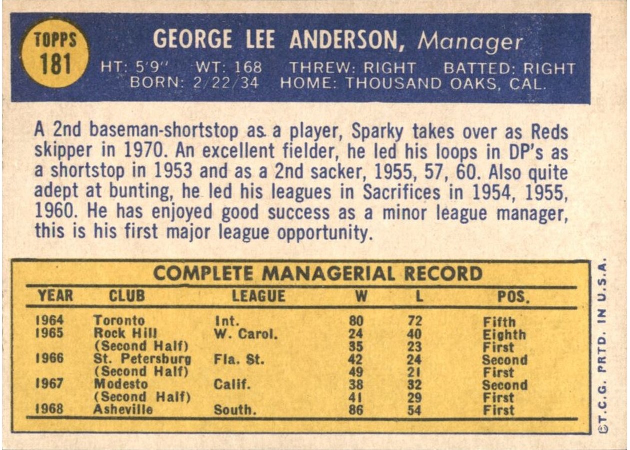 1970 Topps #181 Sparky Anderson card back