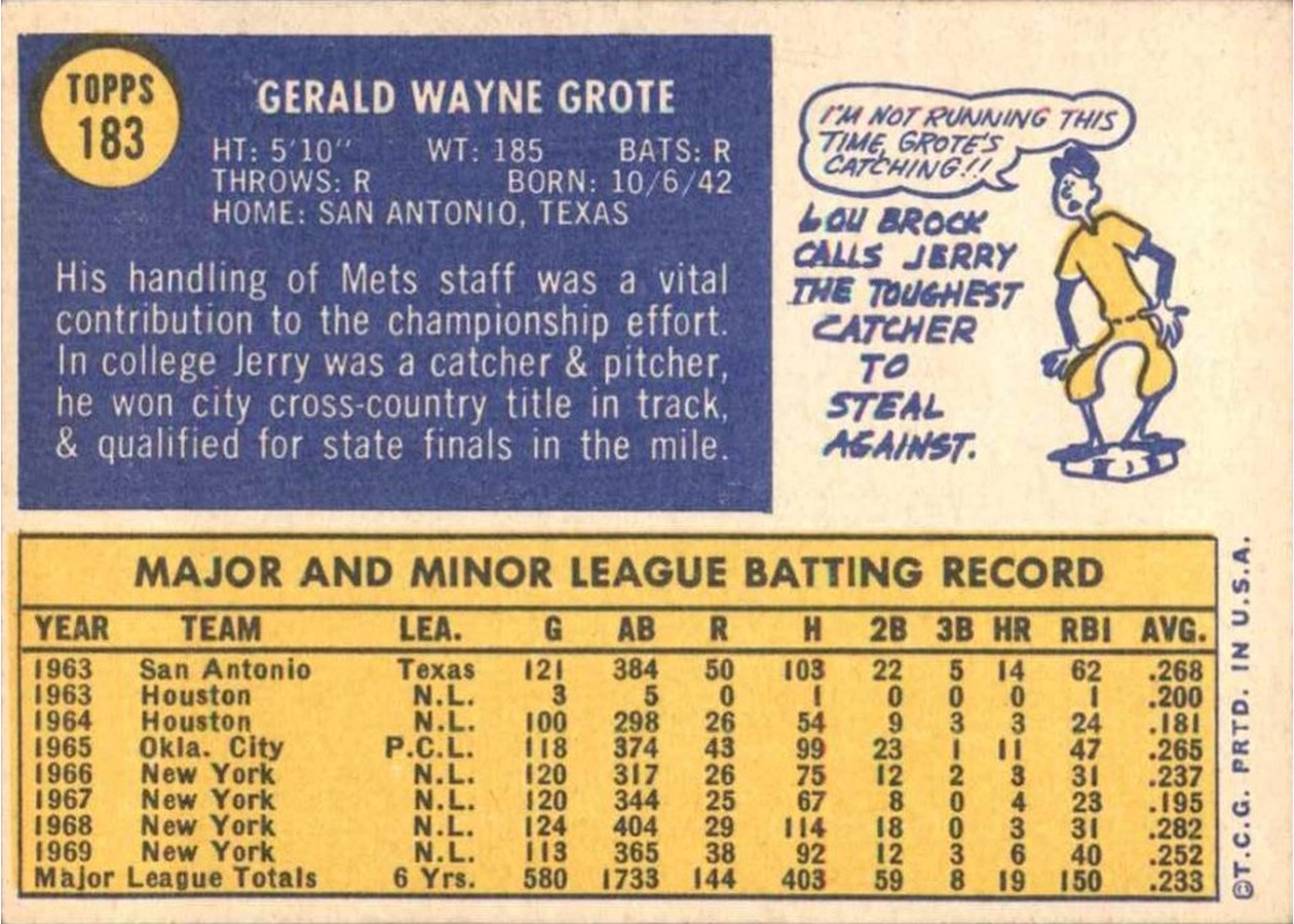 1970 Topps #183 Jerry Grote card back