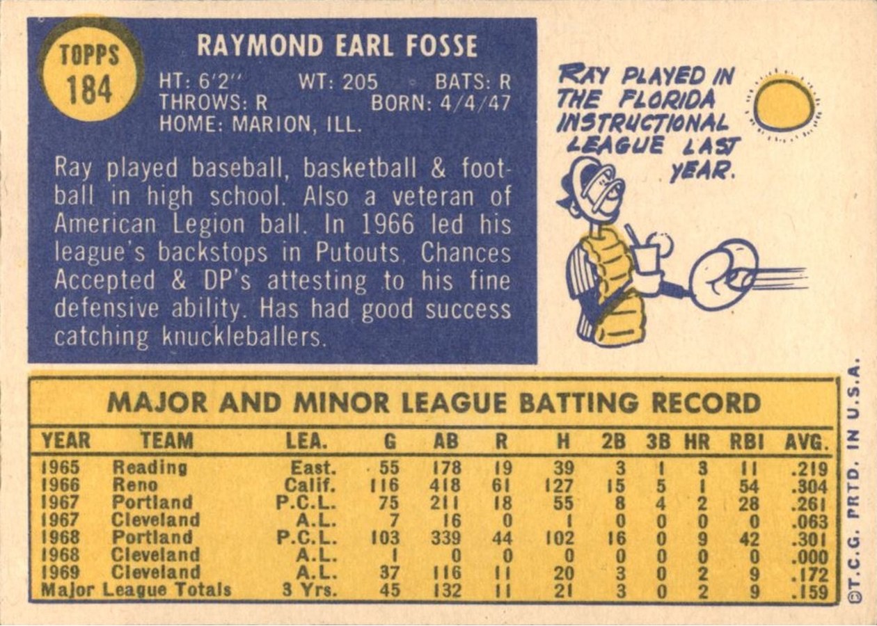 1970 Topps #184 Ray Fosse card back
