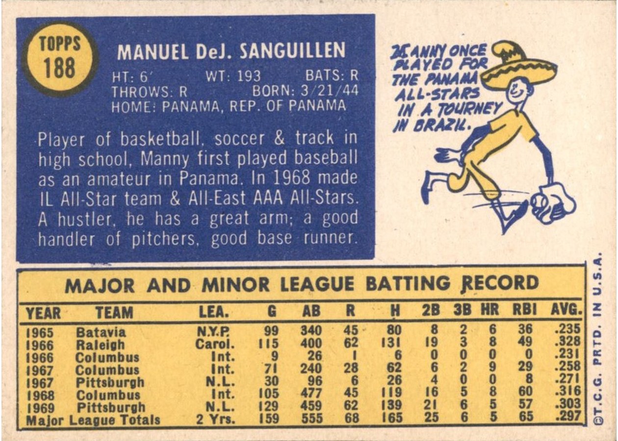 1970 Topps #188 Manny Sanguillen card back